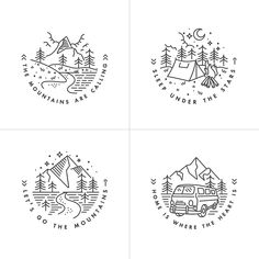 four badges with mountains, trees and campers in the style of handwritten lettering