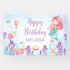 a mermaid themed birthday banner with the words happy birthday melsia on it's side