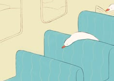 a white bird flying over a blue couch