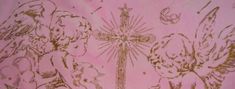 an image of two angels on a pink shirt with gold foiling and cross in the background