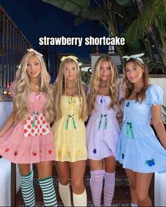 three women dressed in costumes standing next to each other with the caption strawberries shortcake