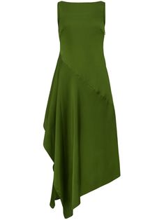 green satin finish concealed side zip fastening boat neck sleeveless mid-length asymmetric hem Catwalk Dress, Midi Gowns, Midi Dress Green, City Dress, Green Mini Dress, Body Wraps, Satin Midi Dress, Green Midi Dress, Green Satin