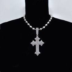 * Stainless Steel Chain & Cubic Zirconia Charm * Includes a 3" extension for adjustability * Handmade in Los Angeles Luxury White Sterling Silver Cross Necklace, Large Cross Necklace, Money And Happiness, Fit Ideas, Cute Acrylic Nails, Ball Chain, Steel Chain, Stainless Steel Chain, Pendant Necklaces