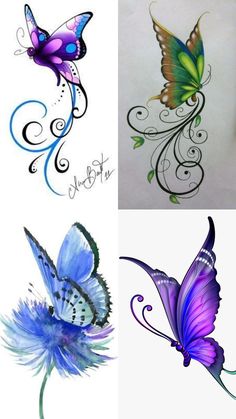 four different colored butterflies with swirls and scrolls on them, one is blue the other is purple