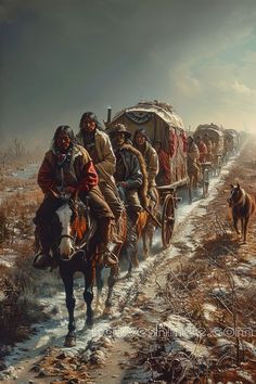 a group of men riding on the back of horses pulling a wagon down a snow covered road