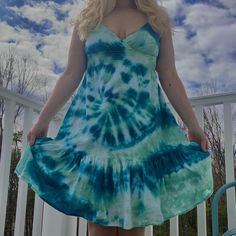 size small old navy hippie tie dye boho style ! hand dyed and upcycled - blue green sage colors summery ocean theme  old navy runs a little big fits more like a S/M model is a size 6/8 free shipping  perfect for summer and beach days  lightweight tank style  cute be an adorable gift for her! for a girlfriend , sister , yourself etc Blue Patchwork Hippie Dress, Flowy Tie-dye Sundress For The Beach, Sage Colors, Hippie Tie-dye Skirt For Beach, Bohemian Tie-dye Beach Dress, Hippie Tie-dye Summer Dresses, Hippie Summer, Boho Blue, Green Sage