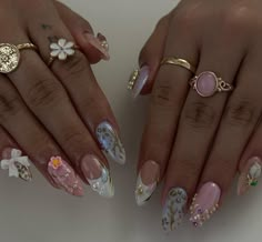 Flower Gem Nails, Acrylic Nails Floral, Nails Ethereal, Nails Pink Almond, Spring Nails Almond Shape, Ethereal Nails, Prettiest Nails, Pink Almond Nails, Simple Acrylic Nails