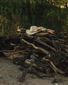 a pile of wood with a hat on top