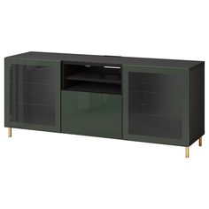 a black and green entertainment center with two doors on one side and three shelves on the other