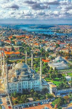 an aerial view of the blue mosque in turkey