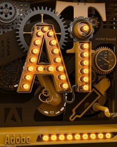 the letter a is made up of gears and other mechanical parts, including a clock