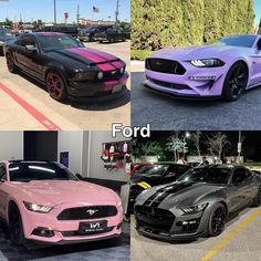 four different colored mustangs are parked in a parking lot, one is pink and the other is black