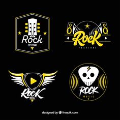 four logos for rock music festival with guitars and skull on black background illustration by @ designbyb