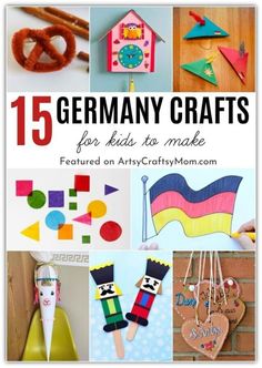 many crafts are featured in this collage with the words, 15 germany crafts for kids to make