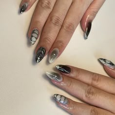 🤍 Black Gel X Nail Designs, Random Nail Designs, Techno Nails, Black Aura Nails, Magic Nails