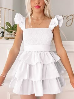 Cute Mini Dress With Ruffled Straps, Cute Mini Dress With Ruffled Straps And Ruffles, Cute Tiered Ruffle Mini Dress, Cute Tiered Mini Dress With Ruffles, Cute Tiered Skirt Mini Dress With Ruffles, Cute Tiered Ruffled Mini Dress, White Tiered Dress With Layered Hem, White Tiered Maxi Dress With Ruffles, White Tiered Dress With Ruffles