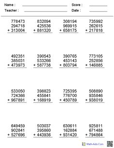 the worksheet for adding numbers to one hundred and two thousand digits in each number