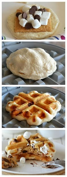 four different types of waffles with marshmallow toppings on top and bottom