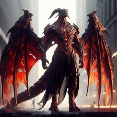 a demonic creature standing in the middle of a city with red flames on its wings