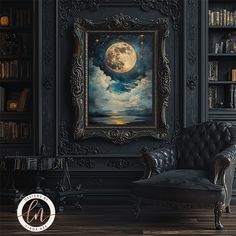 a chair in front of a bookcase with a painting on it's wall