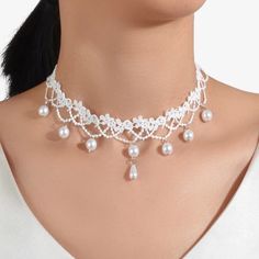 This Victorian Style Beautiful Clothing Floral Flower Lace Choker Is A Wonderful Addition To Your Wardrobe And You Style! Gsumdf006000mt1 White Lace Choker Necklace, Beaded Lace Necklace, Concert Jewelry, Classy Choker, Bridal Choker Necklace, White Lace Choker, Romanian Lace, Mickey Mouse Necklace, Perfume Locket