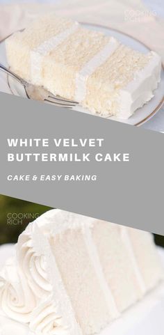 a slice of white velvet buttermilk cake on a plate with the title overlay