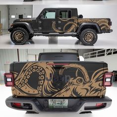 the back and side view of a jeep with an octopus painted on it