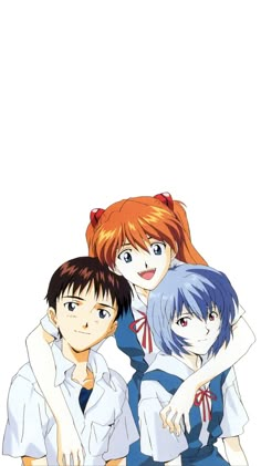 three anime characters are posing together for a photo with their arms around each other's shoulders