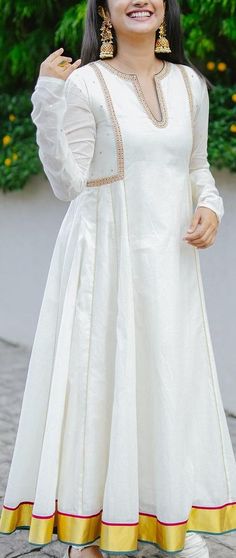 Designer Salwar Designs, Embroidery Designs For Kurtis Party Wear, Long Kurti Suit Designs, White Anarkali Kurta Designs, Chudidar Suit Designs Indian Style, Modest Kurti Designs, Work For Kurti Design, White Suit Neck Design, Kurti Necks For Women