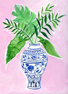 a painting of a blue and white vase with green leaves in it on a pink background