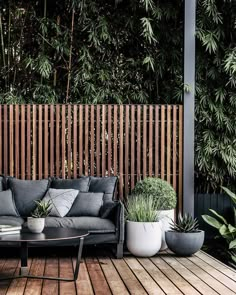 a couch sitting on top of a wooden floor next to potted plants in front of a fence