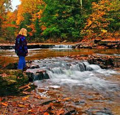 a woman standing in front of a river surrounded by fall colored trees and leaves on the ground