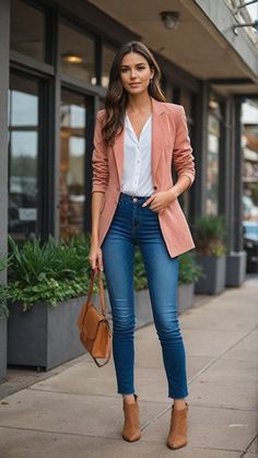 Office Outfit With Ankle Boots, Business Casual Outfits For Women With Boots, Apc Outfits, Boyfriend Blazer Outfit Work, Jean Office Outfit, Business Casual Outfits With Boots, Look Working Girl, Business Casual Jeans, Jeans Outfit For Work