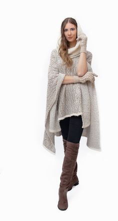 Looking for a gift that will make you feel special? For that good friend or someone special Beautifully woven, incredibly soft, with a silky-smooth texture. Our warm alpaca wool capes are sure to chase the winter blahs away, and they are available in different colors! Handmade in Perú with 90% baby alpaca & 10% nylon; baby alpaca is one of the finest luxury fibers in the world. You won’t just wear a fashionable piece, but also some of Peru’s treasures and mysteries, reserved for Inca royalty. Al One-size Beige Knit Poncho, Beige Knit Poncho, Beige Knit Poncho One Size, Elegant Beige Poncho For Fall, Winter Knit Wraps One Size, Knit Shawl Wrap For Winter, Oversized Cashmere Wraps For Winter, One Size Cozy Wool Shawl, Cozy One-size Wool Shawl