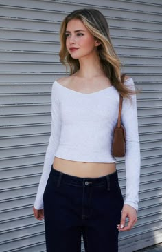 John Galt Silver Mayson V-Neck Off-The-Shoulder Long Sleeve Top | PacSun John Galt Outfits, Off The Shoulder Long Sleeve Top, Pacsun Clothes, Cute Long Sleeve Tops, Pacsun Outfits, Costal Granddaughter, Bday Wishlist, Everyday Fits, Cropped Long Sleeve Top