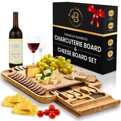 wine, cheese and crackers on a cutting board