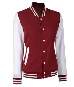 White and Burgundy Varsity Jacket
This maroon and white letterman jacket is a simple-yet-stylish layering piece that can be worn alone or as part of your casual outfit. Its fleece fabric and rib-knit collar provide warmth, while its two-tone contrast adds some flair to your wardrobe. Wear this women’s maroon varsity jacket with jeans or trousers and sneakers for a look that’s perfect for any occasion. Fall Varsity Sweatshirt With Baseball Collar, College Fall Sweatshirt With Baseball Collar, Winter Cotton Sweatshirt With Baseball Collar, Cotton Varsity Jacket With Baseball Collar For Fall, Cotton Crew Neck Varsity Jacket For Fall, White Outerwear With Contrast Color For College, Casual Sweatshirt With Baseball Collar For Fall, Winter Cotton Varsity Jacket With Crew Neck, Winter College Sweatshirt With Baseball Collar