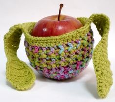 an apple sits in a crocheted bag