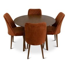 a round dining table with four chairs and an orange velvet upholstered chair around it