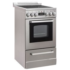 a stainless steel oven with two burners on the front and one in the back