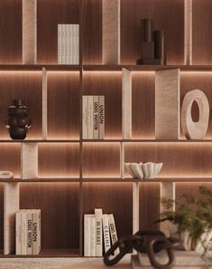 a bookshelf filled with lots of books next to a vase and potted plant