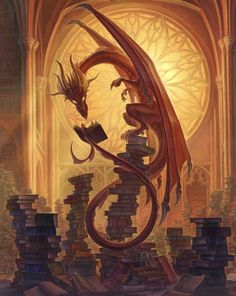 a painting of a dragon sitting on top of books