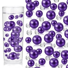 a glass filled with lots of purple balls next to a vase full of white and silver balls