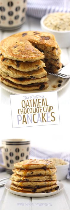 pancakes stacked on top of each other with the words oatmeal chocolate chip pancakes