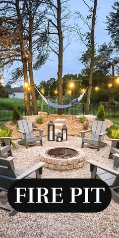 a fire pit surrounded by lawn chairs and string lights with the words fire pit above it