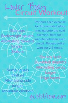 the lower body circuit workout is shown in pink and blue with white flowers on it