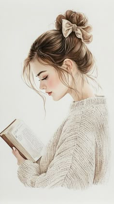 a drawing of a woman reading a book with her hair in a bun and wearing a sweater