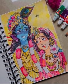 Radhakrishna Anime, Bhagwan Painting, Krishna Radha Drawing, Radha Drawing, Flower Pot Drawing, God Drawings, Pot Drawing, Disney Pop Art, Markers Drawing