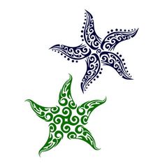 two starfishs with intricate designs on their backs, one is green and the other is blue