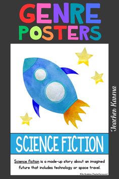 a poster with the words science fiction written on it and a rocket ship in the background